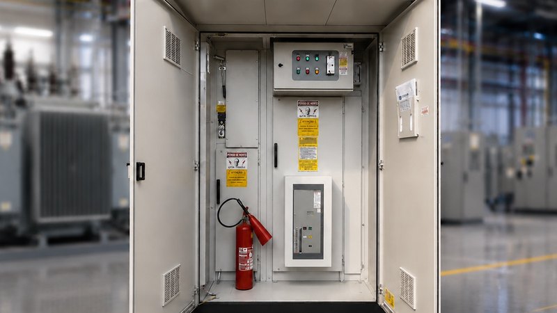 Cabine abrigada instalada dentro de planta industrial